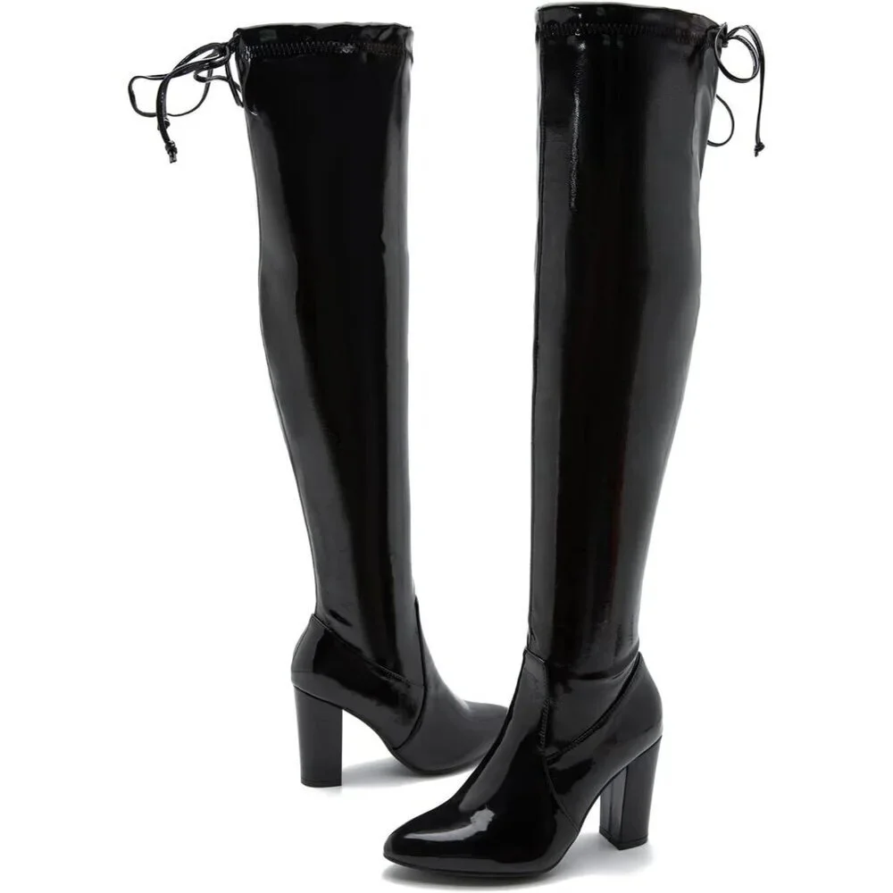 Women Black Pu Leather Pointed Toe Zipper Over The Knee Thigh High Long Boots